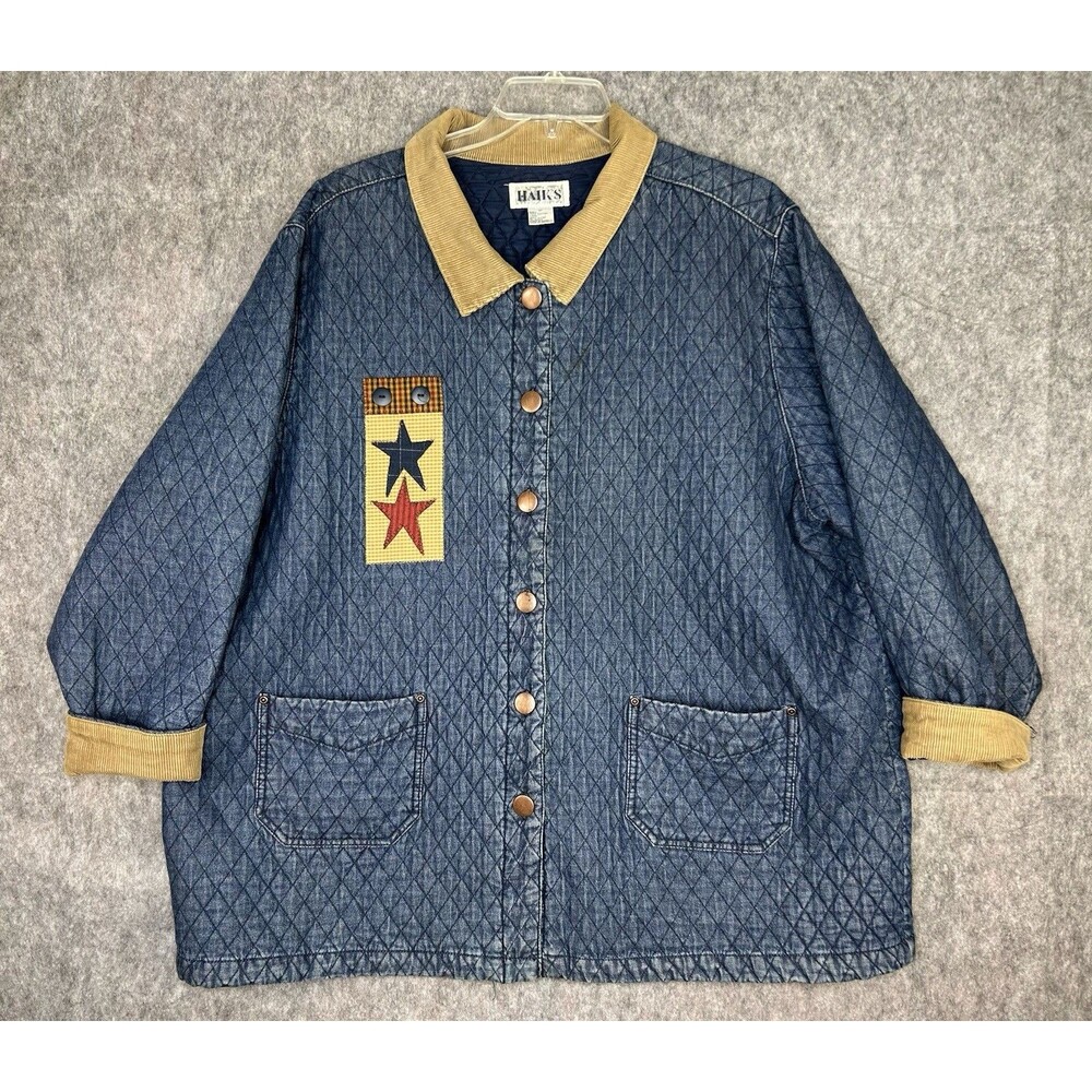 Vtg Haik’s Denim Quilted Barn Chore Jacket Stars US Flag Applique Country 3X